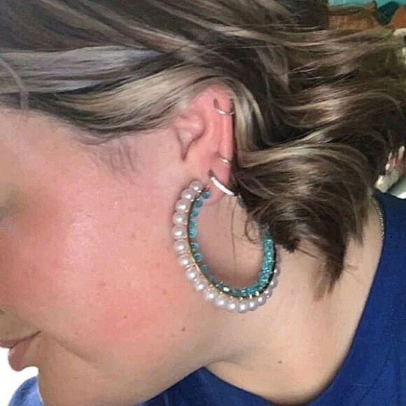 💖2/$30 Gold tone boho hoop pearl blue turquoise beaded coquette chunky earrings - Picture 8 of 17